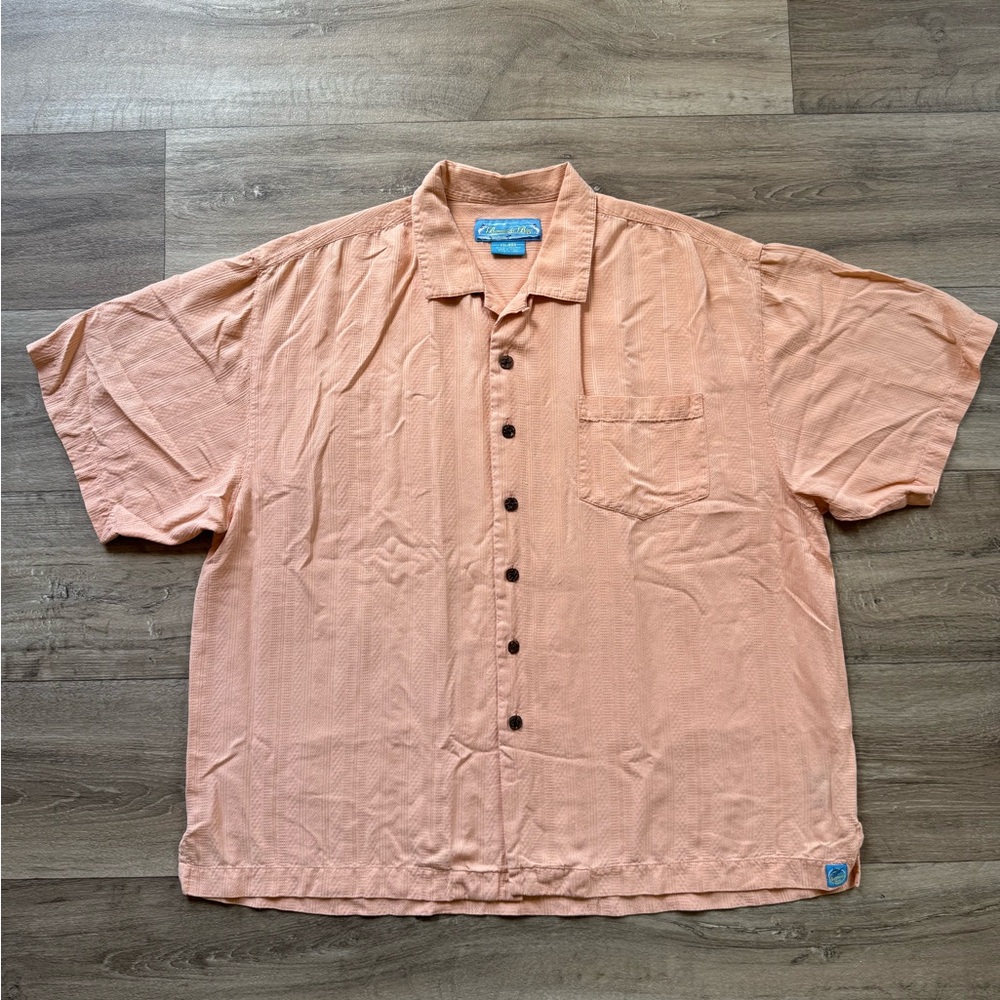 Bermuda Bay Men’s Peach Button-Up Shirt 100% silk Tropical Hawaiian Linen style‎